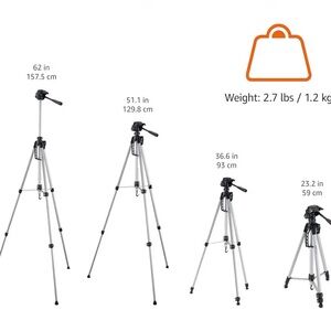 Adjustable silver and black tripod with black bag
